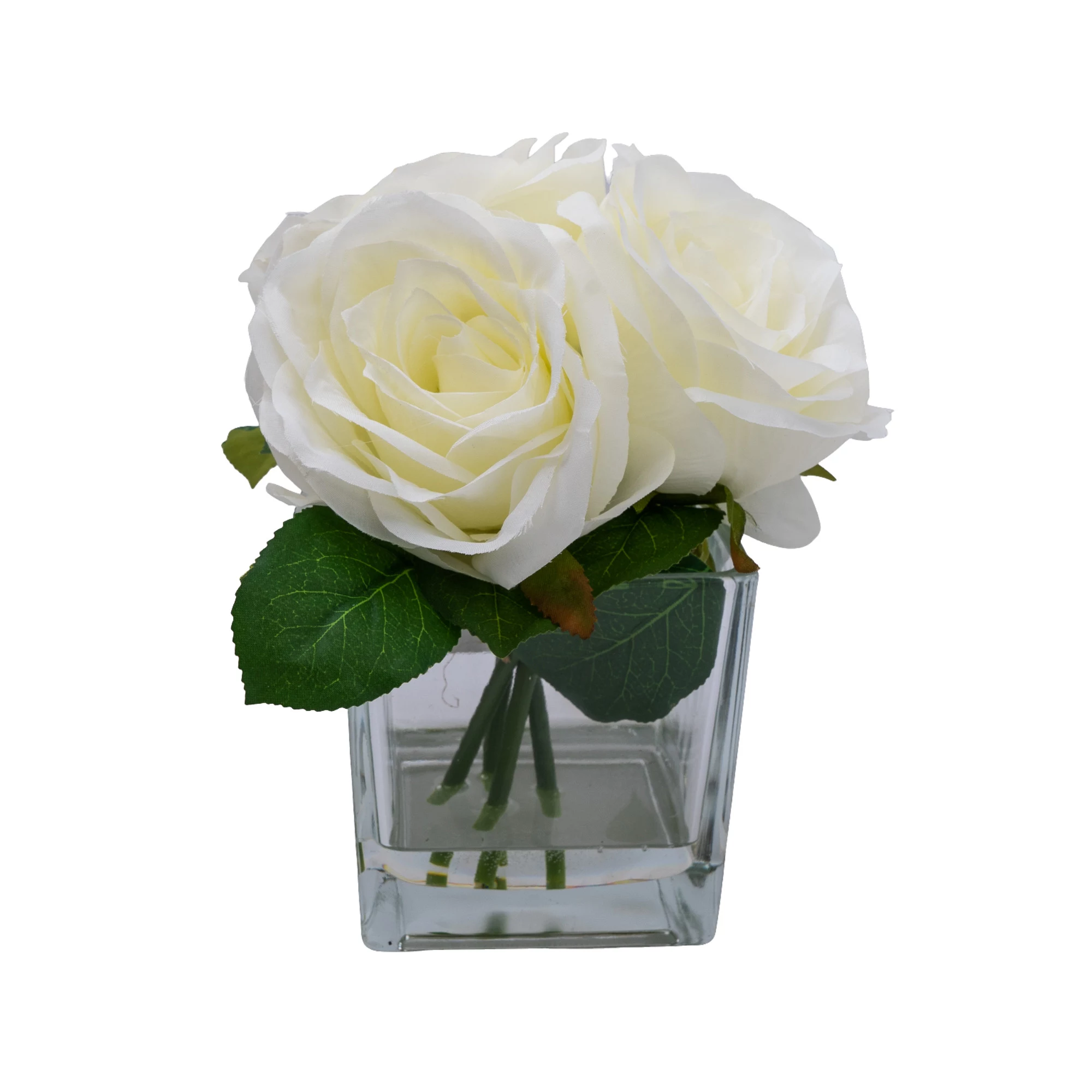 19cm White Roses Artificial Plant In Clear Square Glass Vase 3 19cm White Roses Artificial Plant In Clear Square Glass Vase