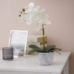 25cm White Orchid Artificial Plant In Grey Ceramic Pot -Gardens and Outdoor Stores 25cm white orchid artificial plant in grey ceramic pot5010795682669 01i