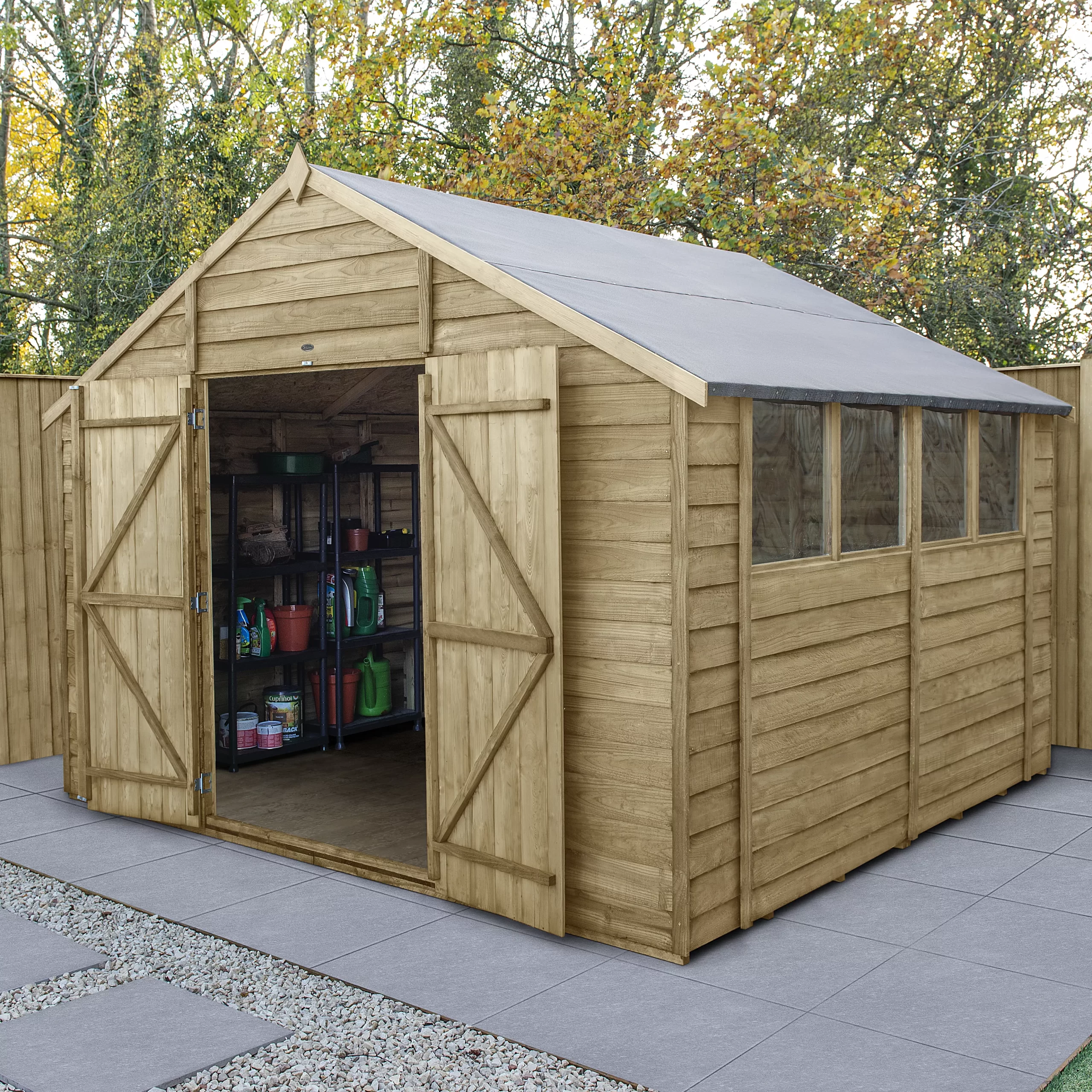 Forest Garden 10x10 Ft Apex Overlap Wooden 2 Door 4 Windows Shed With Floor - Assembly Service Included 3 Forest Garden 10x10 Ft Apex Overlap Wooden 2 Door 4 Windows Shed With Floor - Assembly Service Included