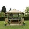 Forest Garden Furnished Timber Roof Hexagonal Gazebo, (W)4900mm (D)4240mm (Green Cushion Included) -Gardens and Outdoor Stores forest garden furnished timber roof hexagonal gazebo w 4900mm d 4240mm green cushion included 5013053172643 01i