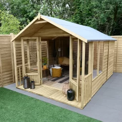 Forest Garden Oakley 8x12 Apex Overlap Solid Wood Summer House With Double Door (Base Included) -Gardens and Outdoor Stores forest garden oakley 8x12 apex overlap solid wood summer house with double door base included 5013053188842 02i bq