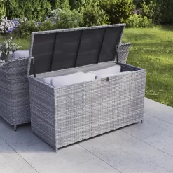 GoodHome Hamilton Steeple Grey Rattan Effect Storage Box (W) 180cm X (D) 65cm -Gardens and Outdoor Stores goodhome hamilton steeple grey rattan effect storage box w 180cm x d 65cm5059340677415 02i 1