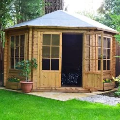 Shire Belvoir 10x10 Toughened Glass Apex Tongue & Groove Wooden Cabin - Base Not Included -Gardens and Outdoor Stores shire belvoir 10x10 toughened glass apex tongue groove wooden cabin base not included5019804252336 03i bq