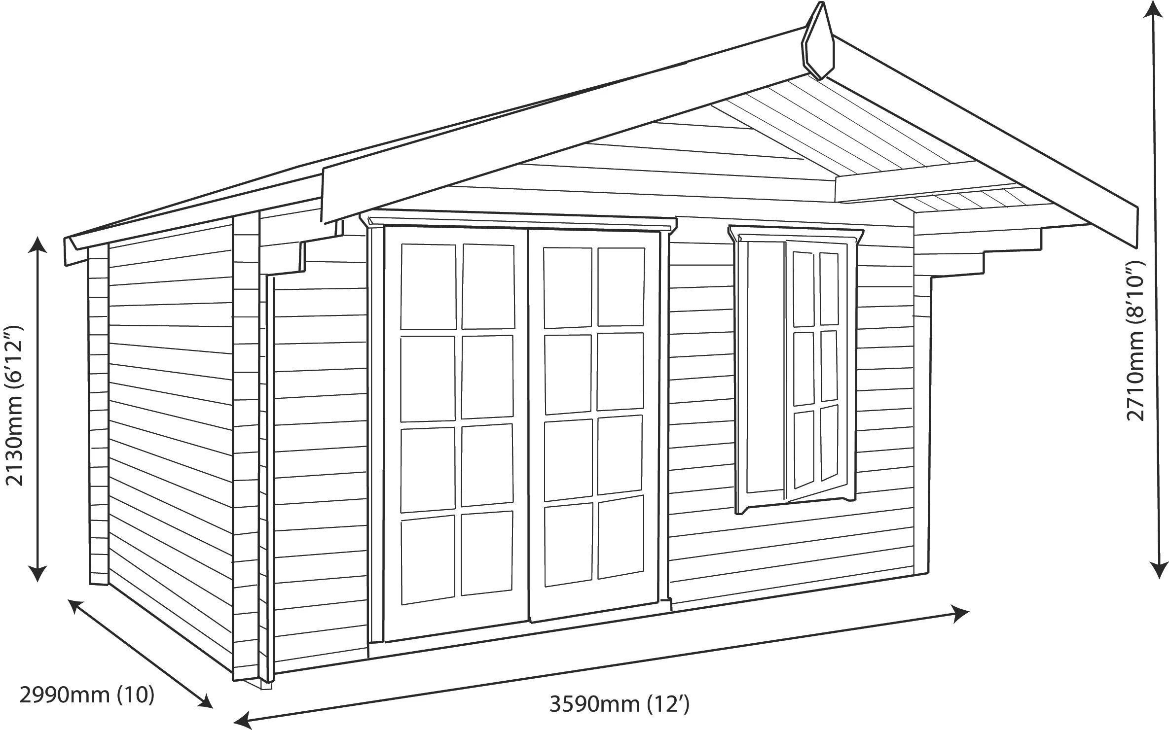 Shire Cannock 12x10 Toughened Glass Apex Tongue & Groove Wooden Cabin - Base Not Included 11 Shire Cannock 12x10 Toughened Glass Apex Tongue & Groove Wooden Cabin - Base Not Included - Image 9